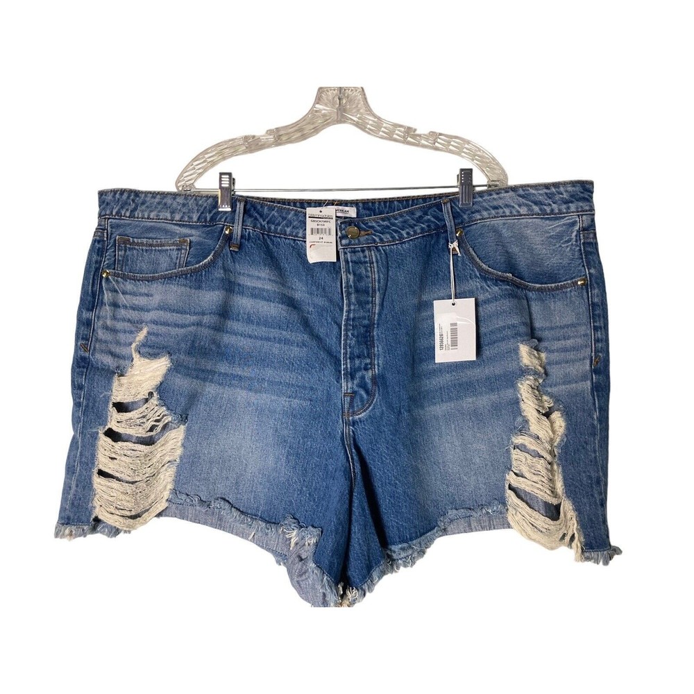 NEW Good American Women's Plus Size 24 Bombshell Distressed Shorts Denim Blue